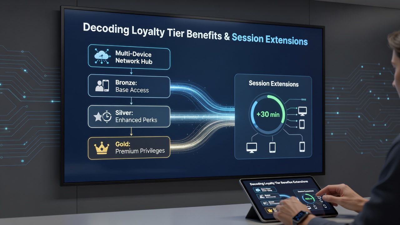 Loyalty dashboard displaying tier benefits and active session extensions on tablet and phone screens