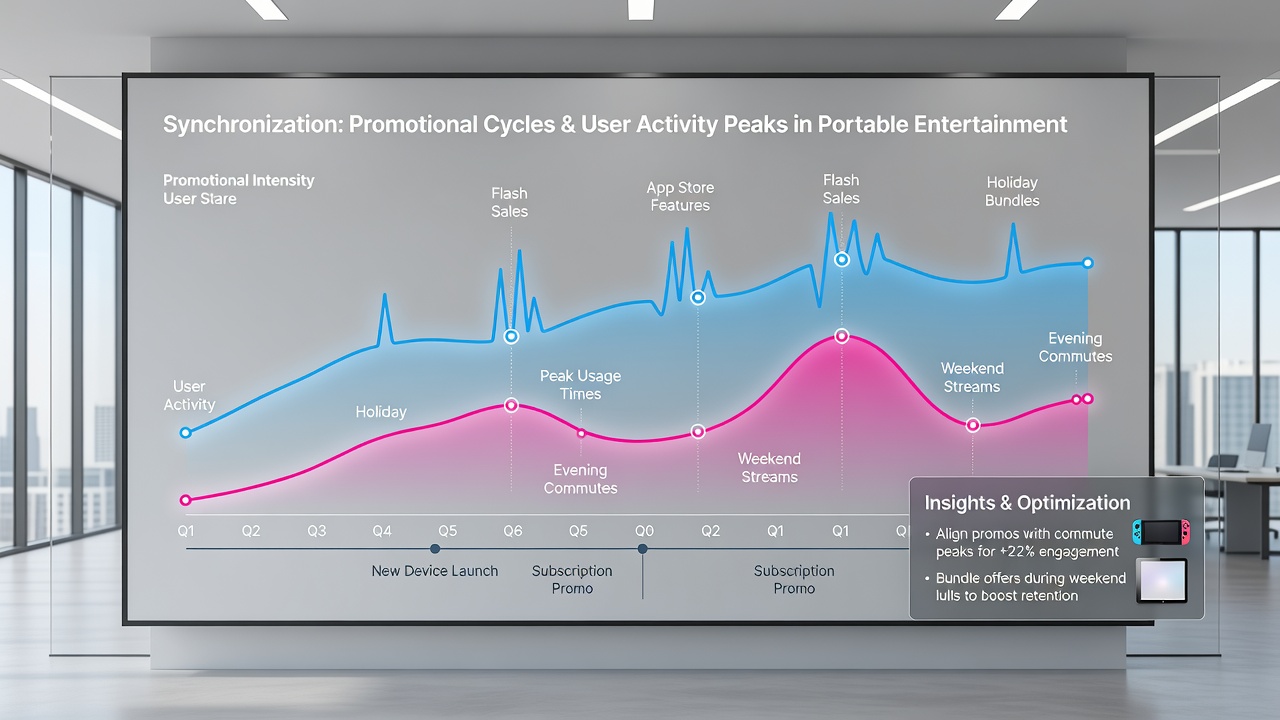 Analytics dashboard displaying user activity peaks correlated with promotional campaign timelines on portable systems