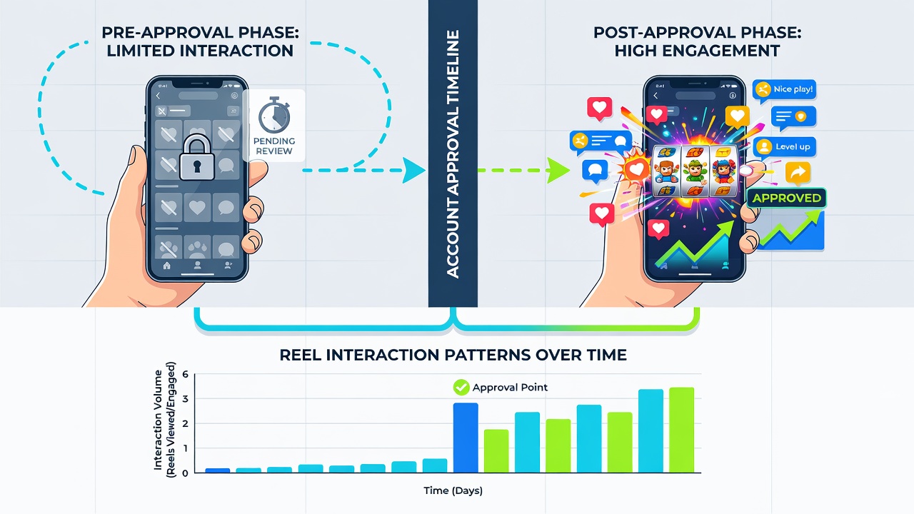Graph illustrating reel interaction rates over time based on varying account approval timelines in mobile gaming apps