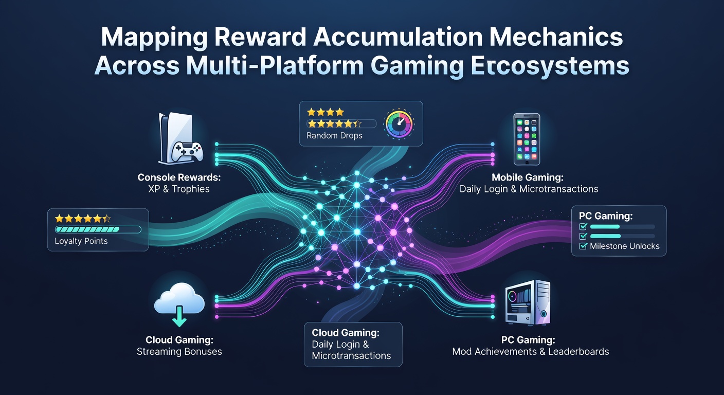 Diagram showing interconnected gaming platforms with reward flow arrows between consoles, PC, and mobile devices