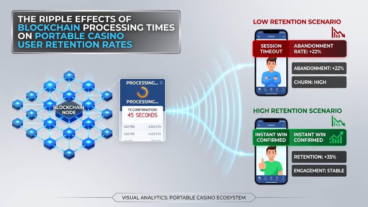 Analytics dashboard displaying retention curves alongside average blockchain confirmation times for mobile casino users