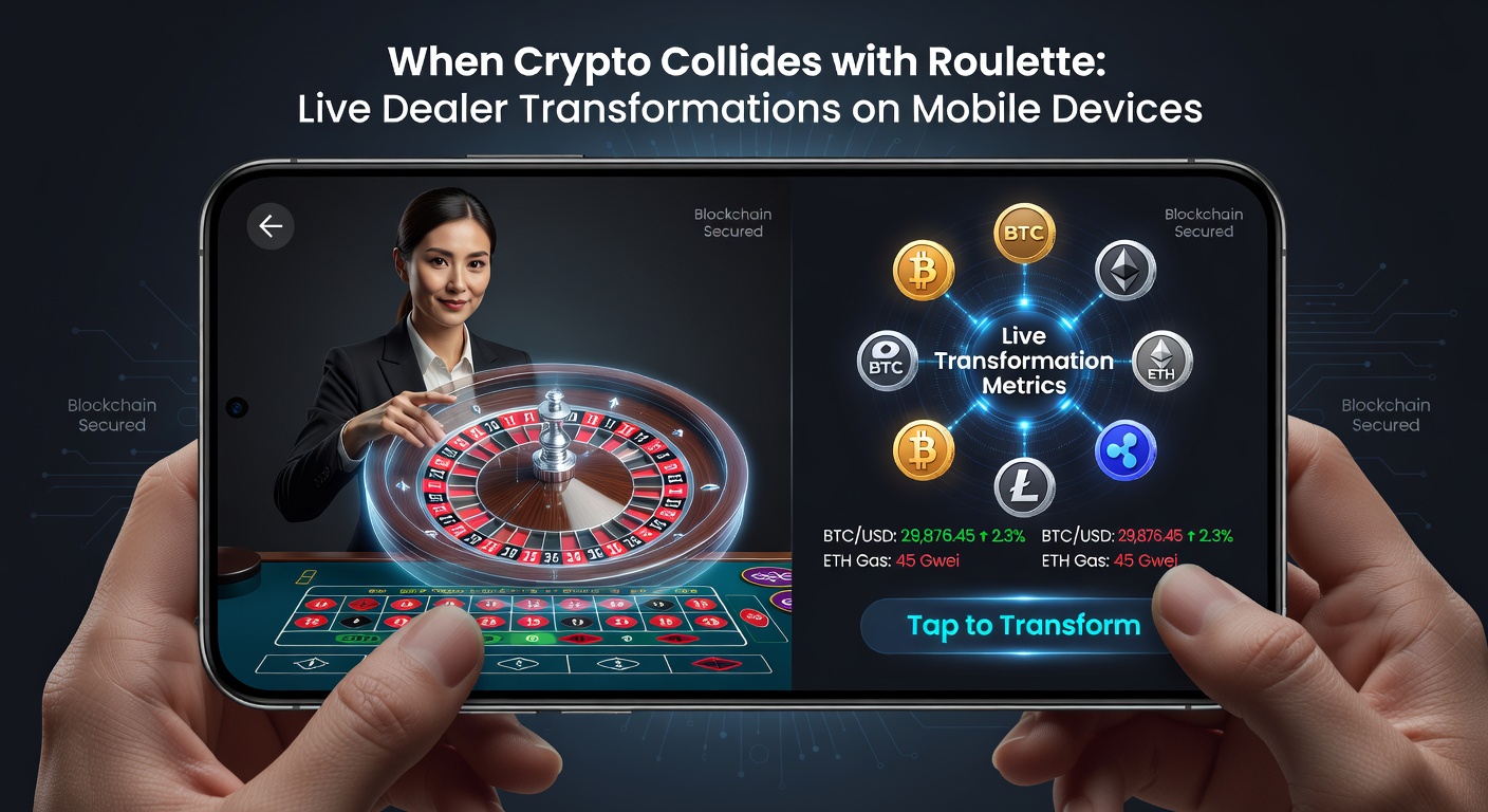 Close-up of a dealer's hands placing a roulette ball on a spinning wheel, with holographic crypto symbols and mobile interface elements floating around, highlighting tech integration